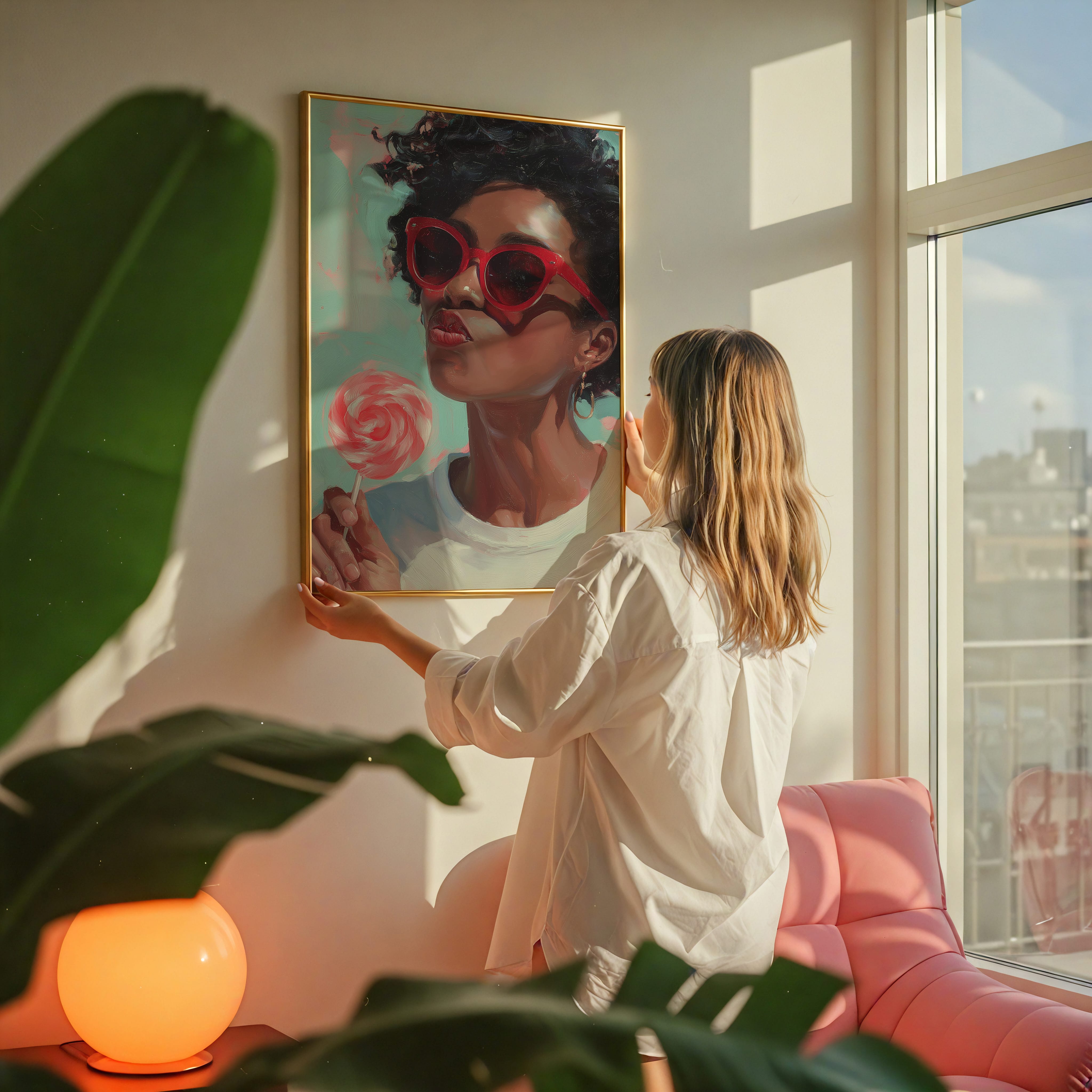 Retro Black Woman Wall Art – Red Lollipop Portrait | Afro Oil Painting | Playful Kitchen Decor