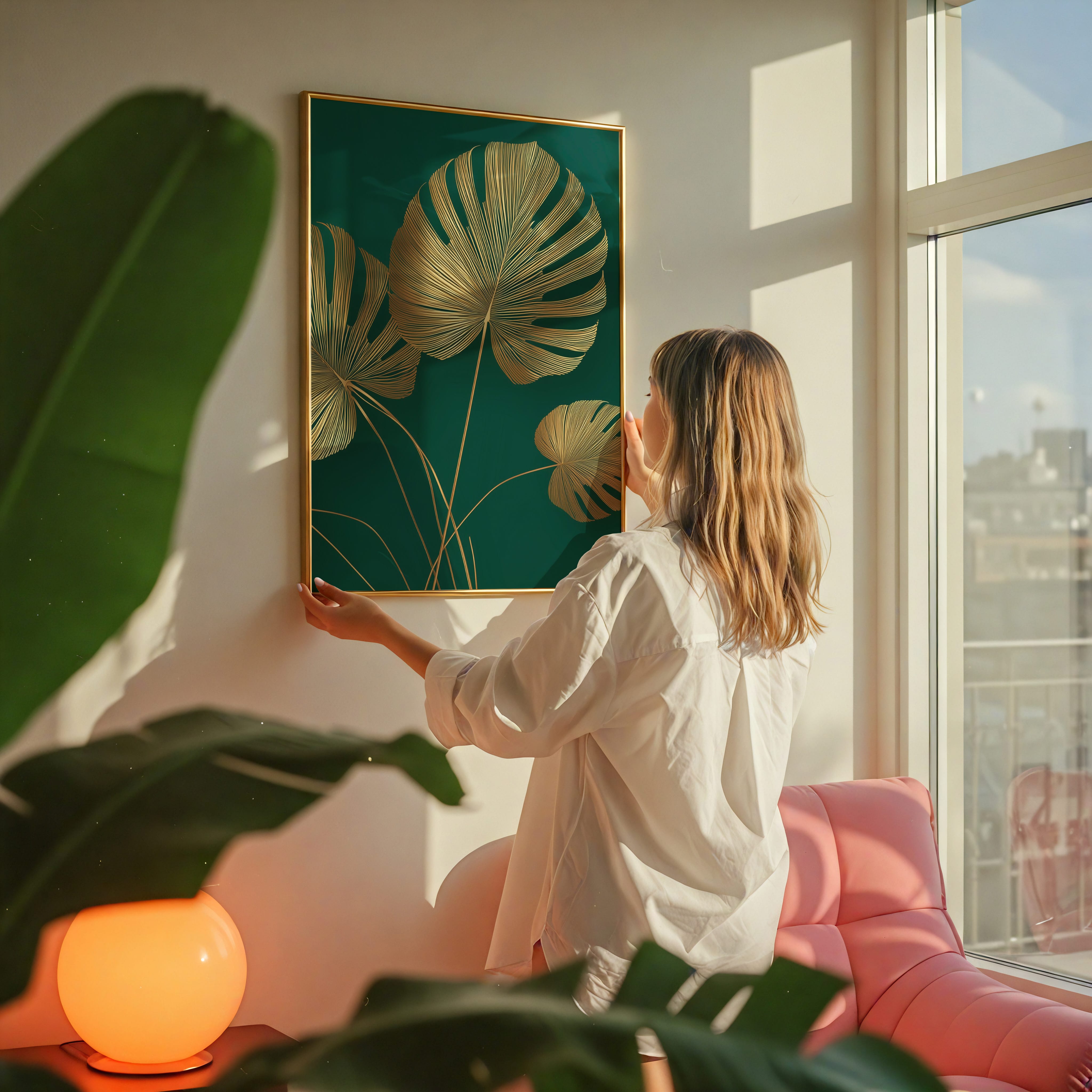 Gold Monstera Wall Art – Oversized Leaf Poster | Emerald Green Decor | Metallic Gold Foil Leaf Print