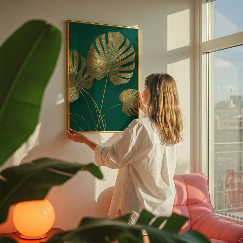 Gold Monstera Wall Art – Oversized Leaf Poster | Emerald Green Decor | Metallic Gold Foil Leaf Print