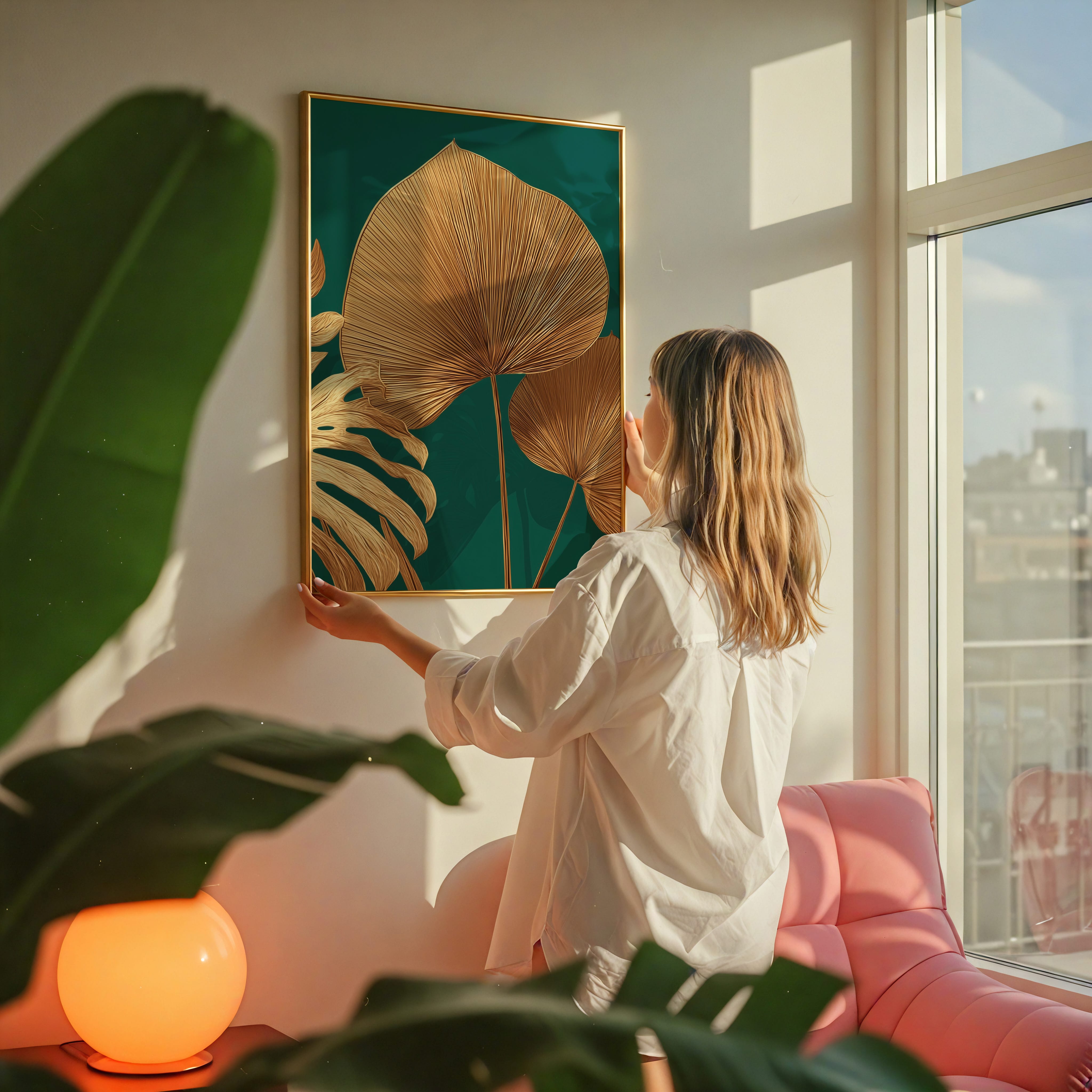 Gold Monstera Print - Emerald Green Wall Art | Luxurious Tropical Decor Poster