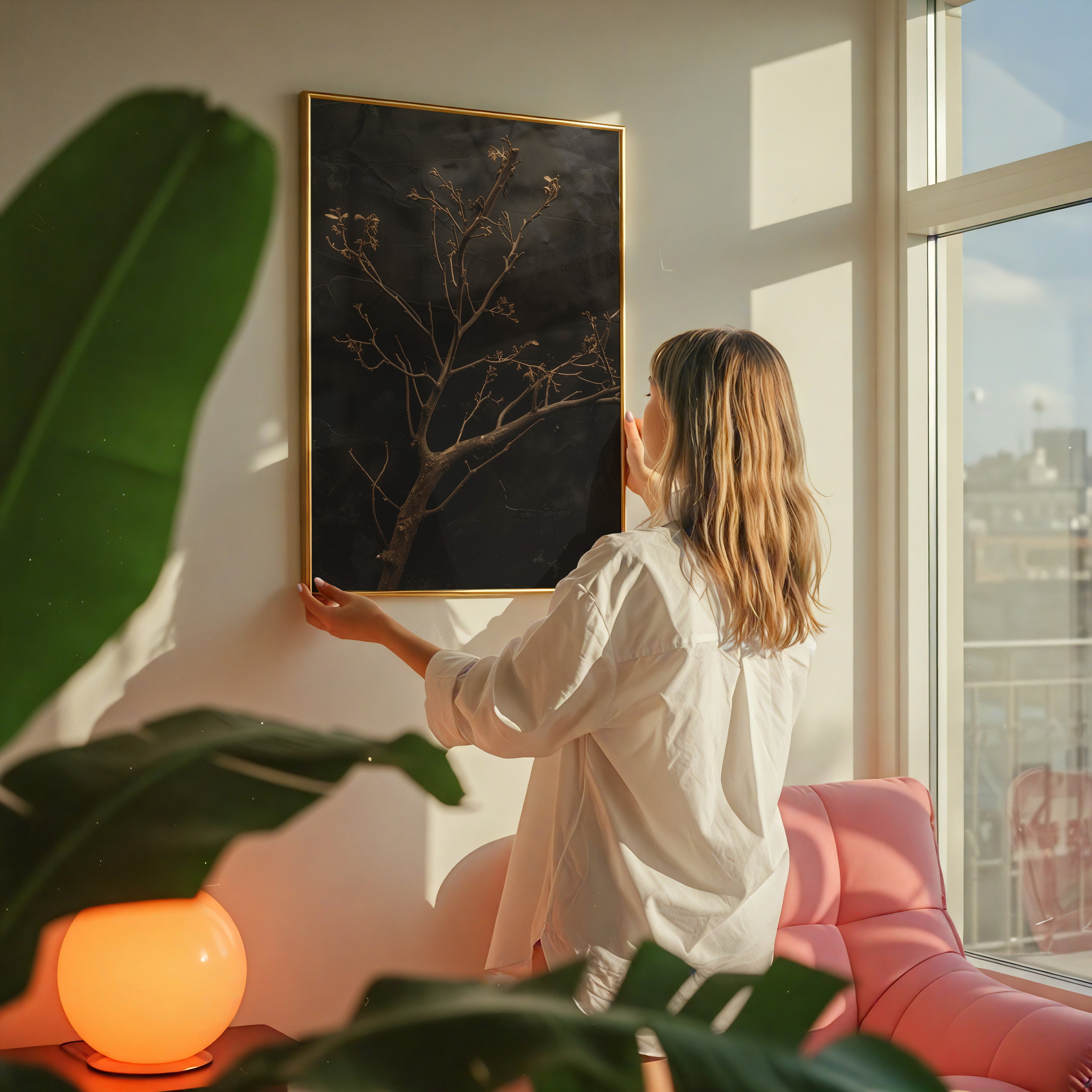 Minimalist Gnarled Branch Painting – Dark Moody Wall Art | Charcoal Sepia Texture