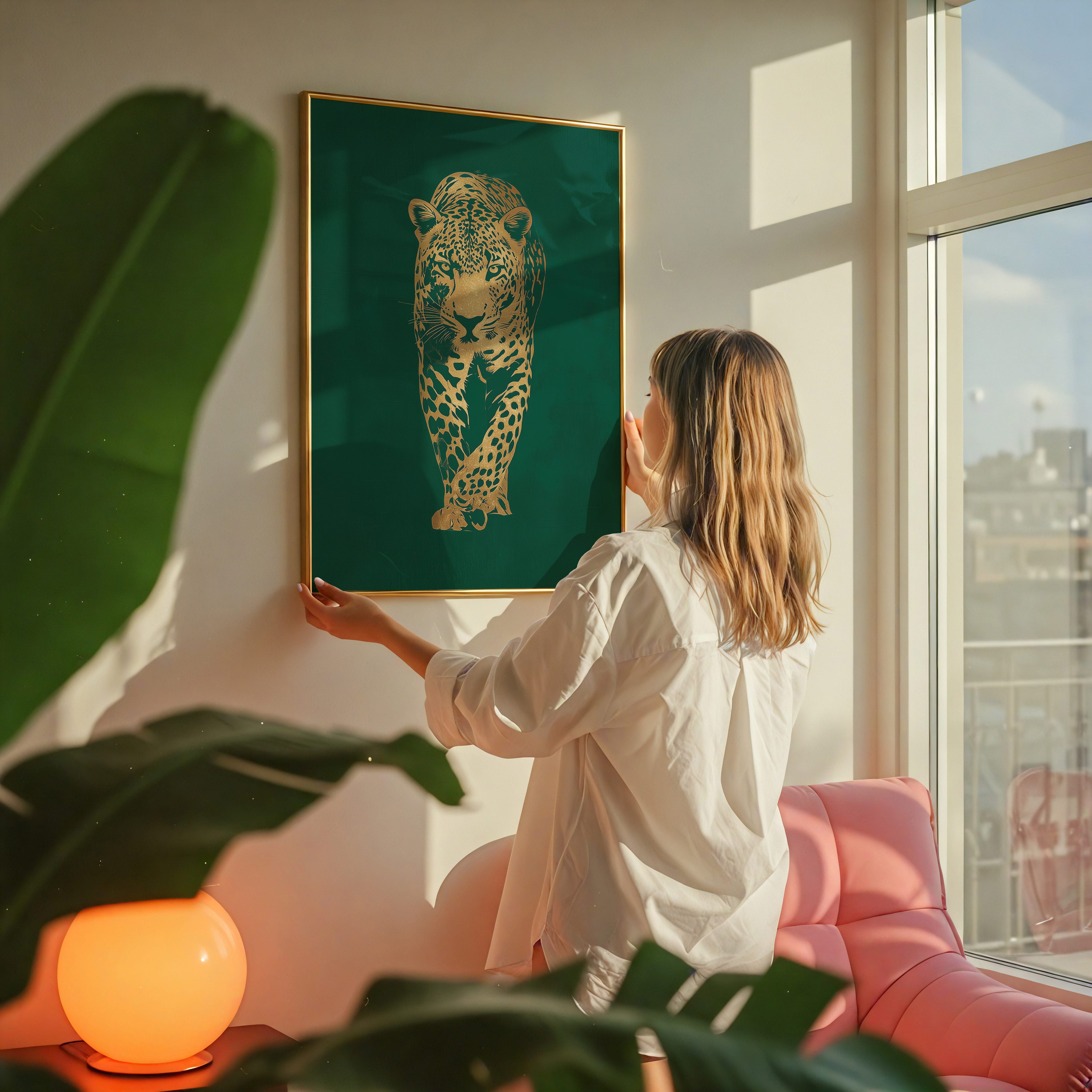 Gold Foil Leopard Wall Art – Emerald Green Art Deco Animal Print Poster