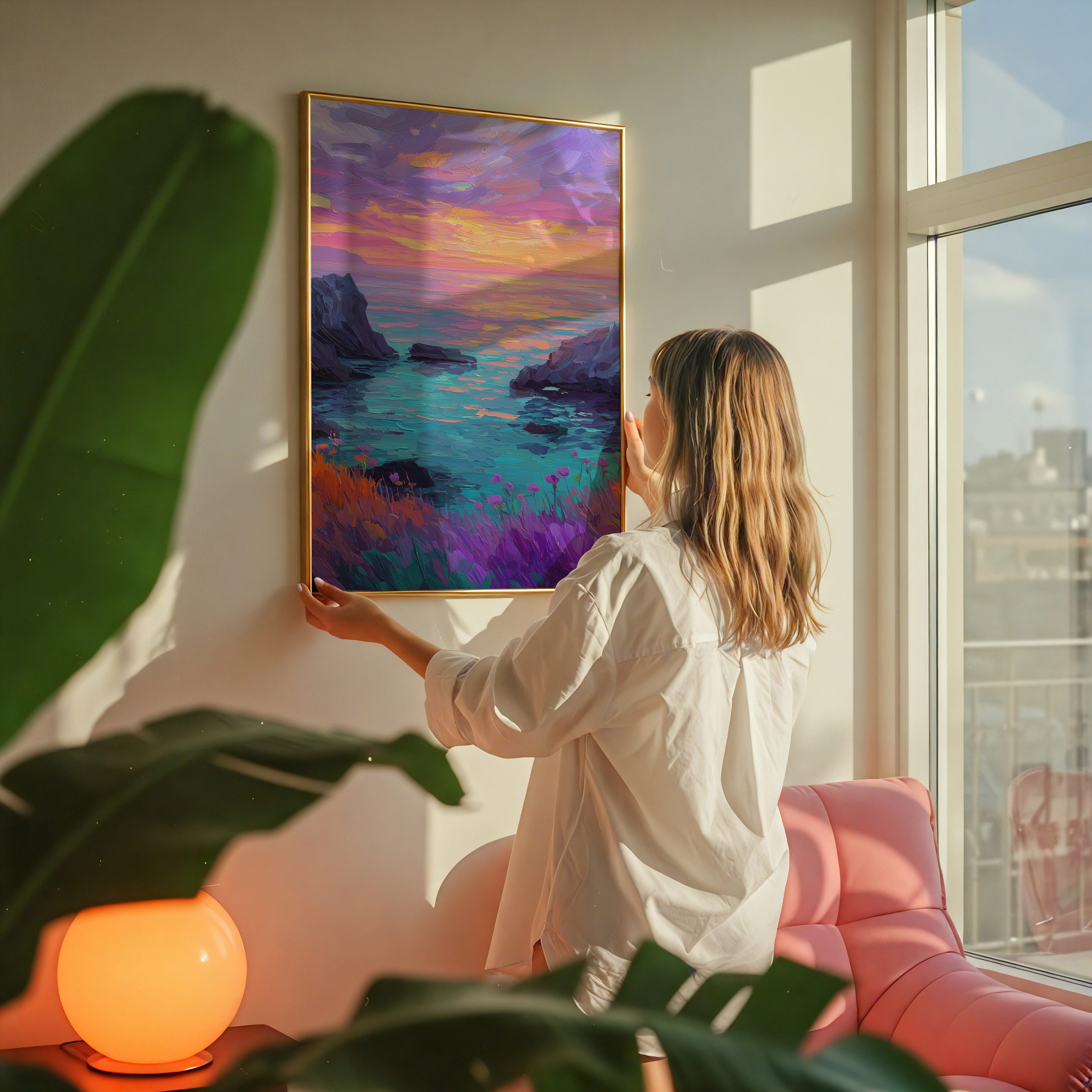 Abstract Coast Wall Art – Vibrant Sunset Print With Impasto Brushstrokes | Adventure Landscape