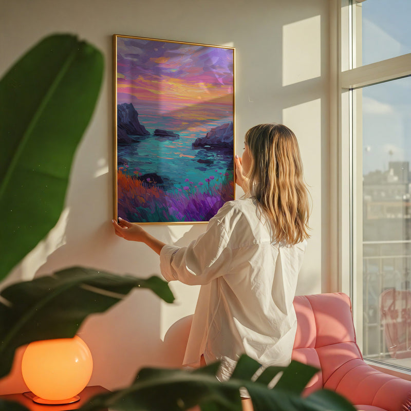 Abstract Coast Wall Art – Vibrant Sunset Print With Impasto Brushstrokes | Adventure Landscape