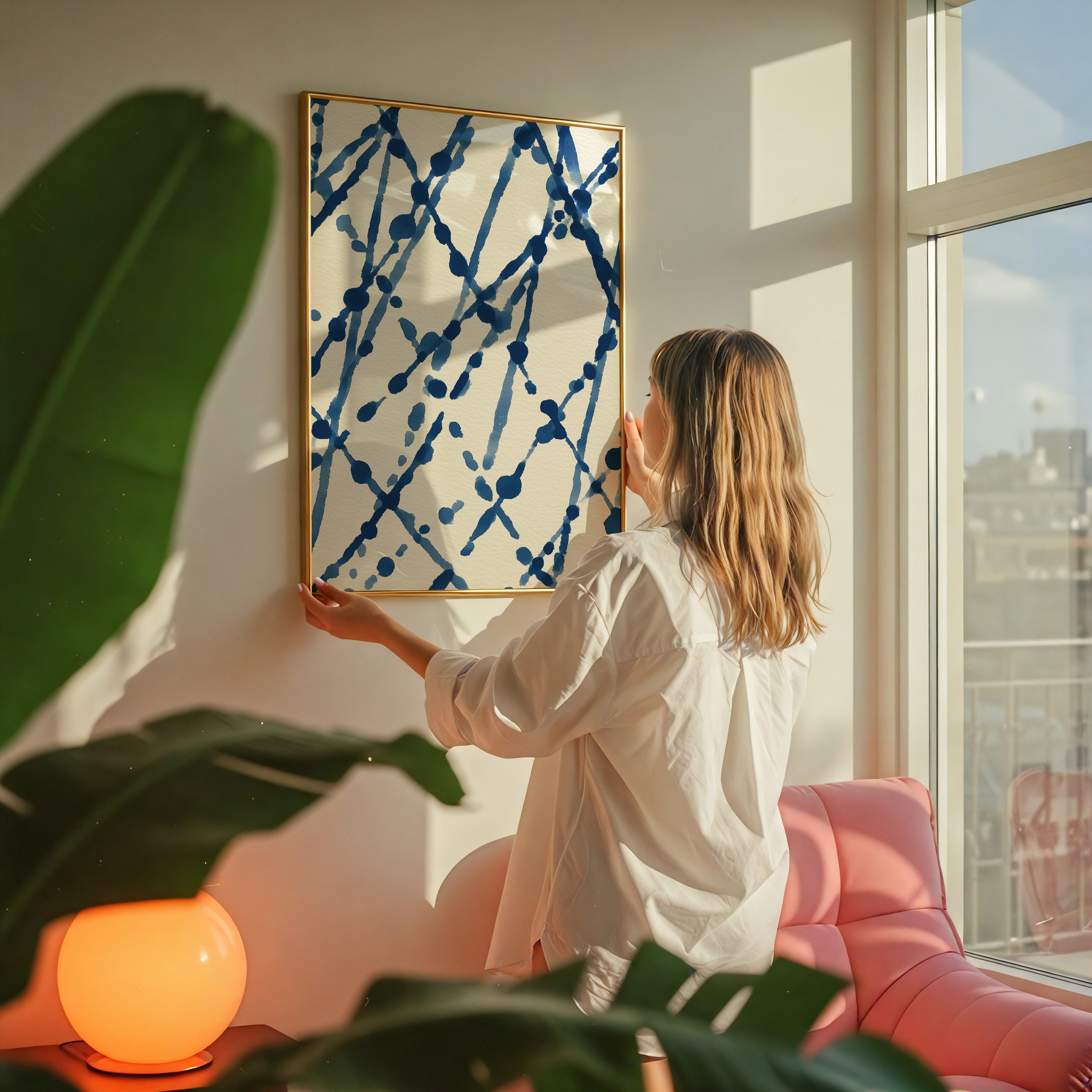 Navy Blue Abstract Art - Mid Century Textile Pattern | Hand Drawn Ink & Organic Dots