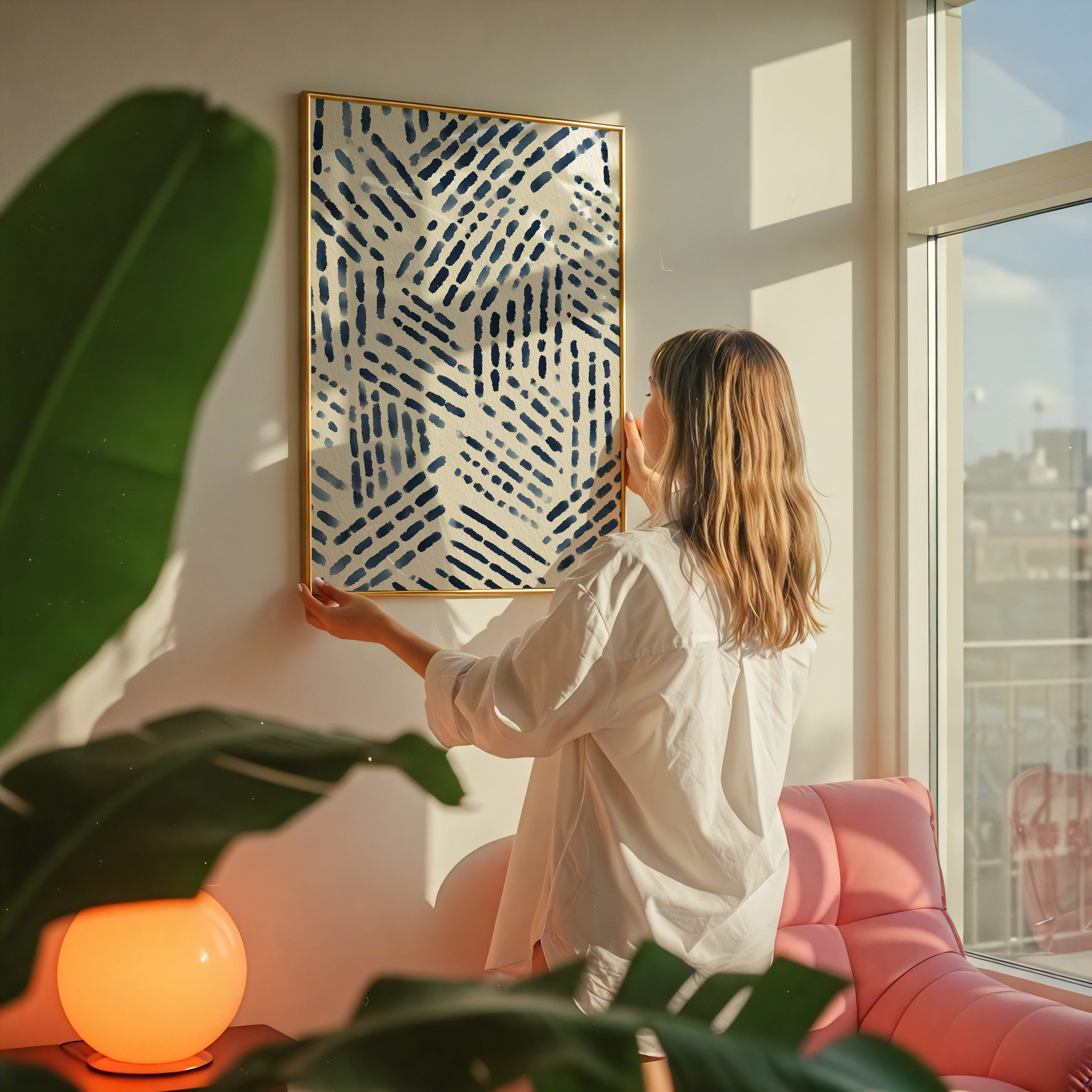 Navy Blue Abstract Art - Mid Century Textile Print | Hand Drawn Ink & Watercolor Pattern