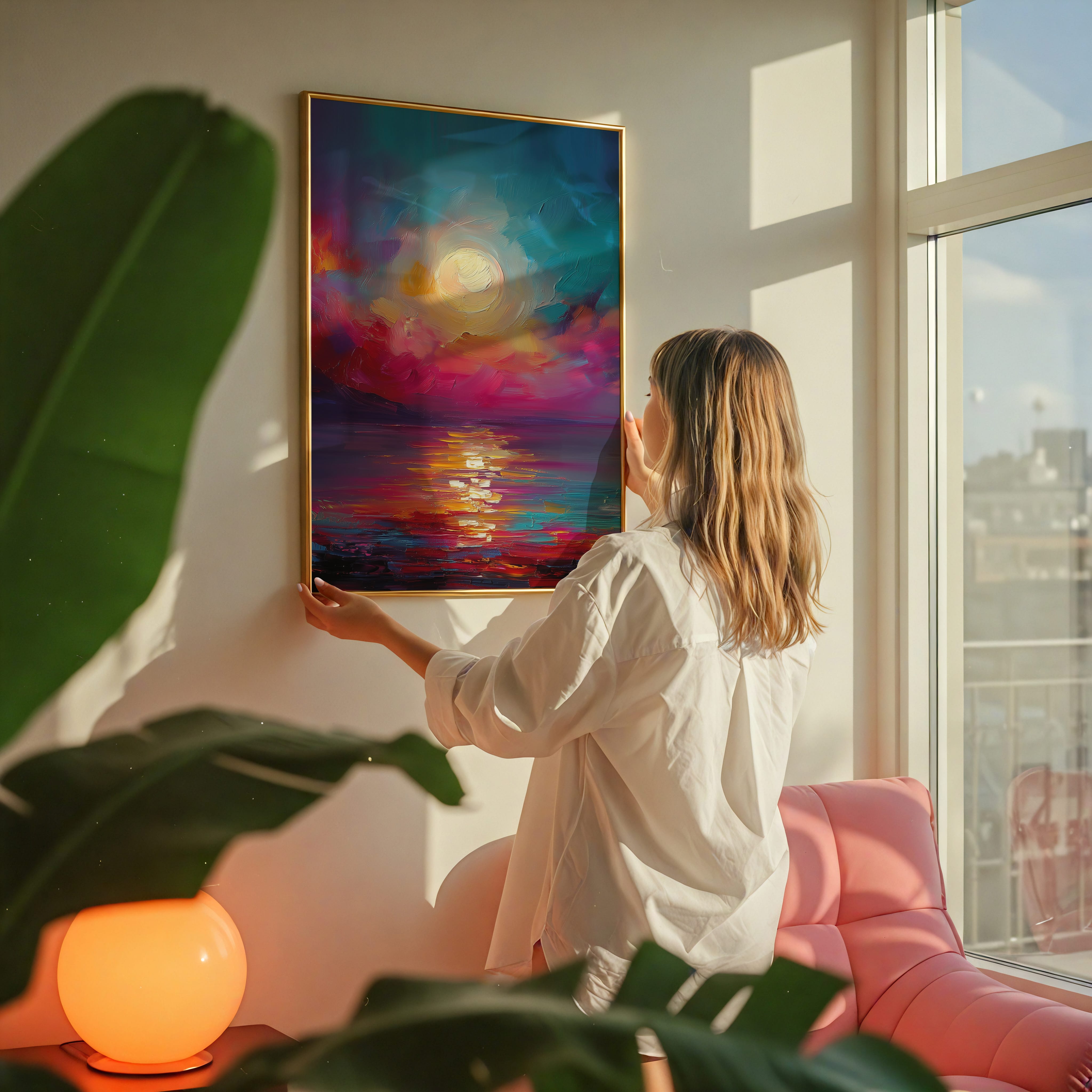 Fantasy Moon Wall Art – Luminous Full Moon Print | Vibrant Dream Seascape