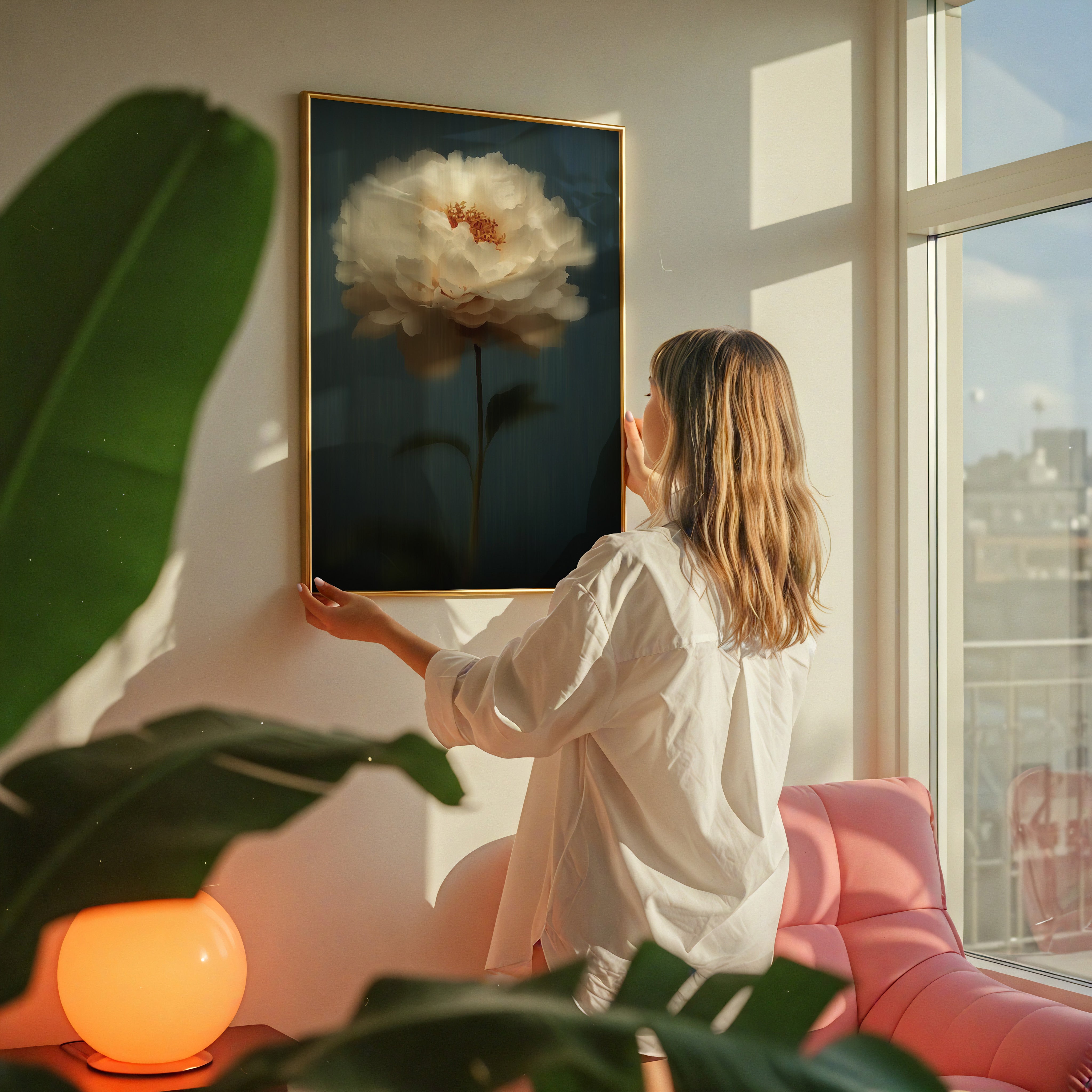 White Peony Wall Art – Dark Floral Painting | Minimalist Floating Flower Decor