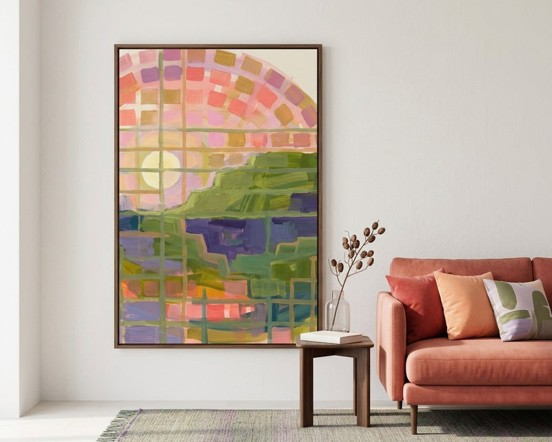 Modern Abstract Landscape Grid Art Print, Pastel Sunset Canvas, Green Purple Pink Wall Art for Eclectic Home Decor