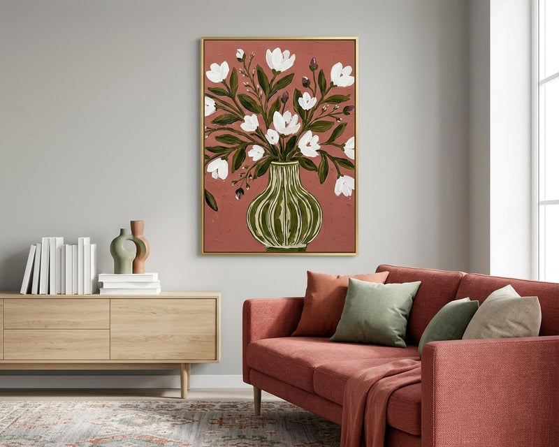 Modern Floral Vase Art Print, White Flowers & Greenery, Textured Terracotta Wall Art, Boho Botanical Decor, Dusty Rose Painting