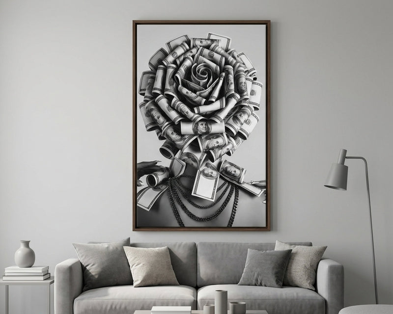 Money Rose Art Print, Black & White Dollar Bill Wall Art, Luxury Financial Decor, Modern Executive Office Canvas Art