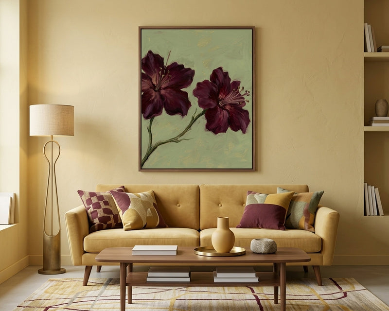 Moody Botanical Wall Art Print, Dark Plum Floral Painting, Sage Green Background, Elegant Flower Decor, Expressive Nature Art