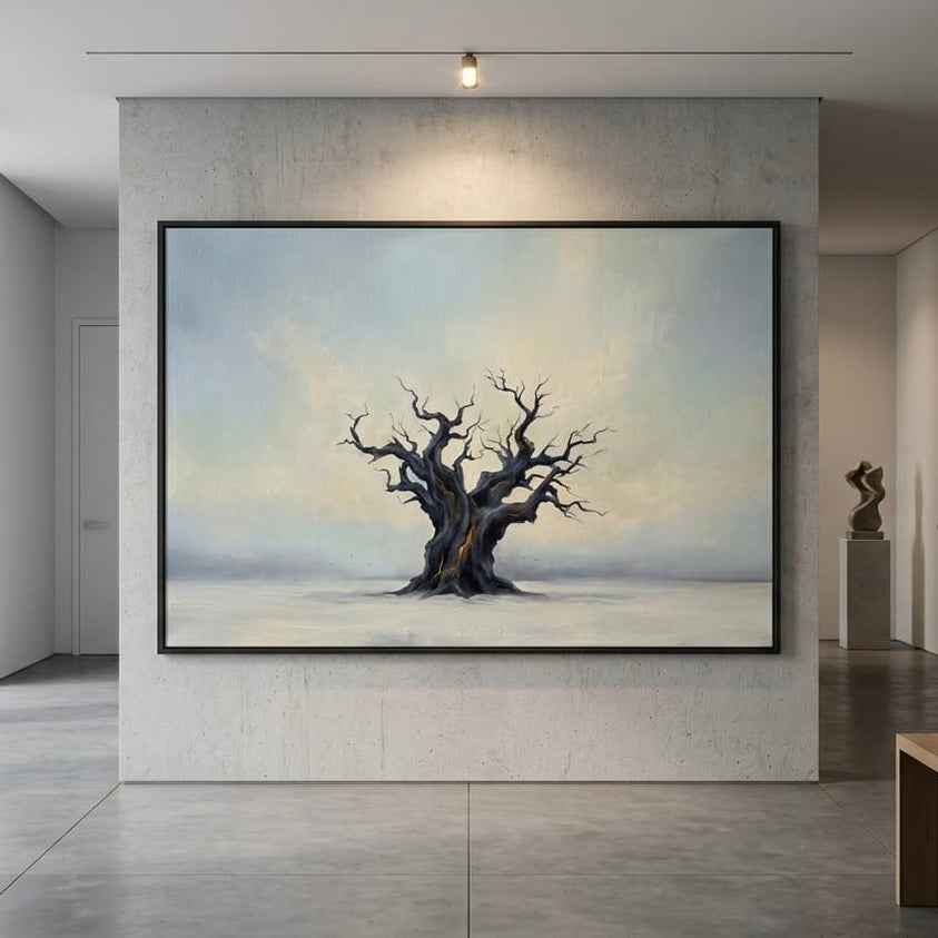 Twisted Tree Canvas: Moody Landscape Art (Blue and Gold Tones)