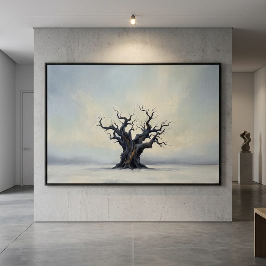 Twisted Tree Canvas: Moody Landscape Art (Blue and Gold Tones)