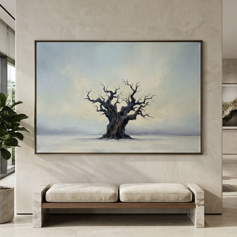 Twisted Tree Canvas: Moody Landscape Art (Blue and Gold Tones)