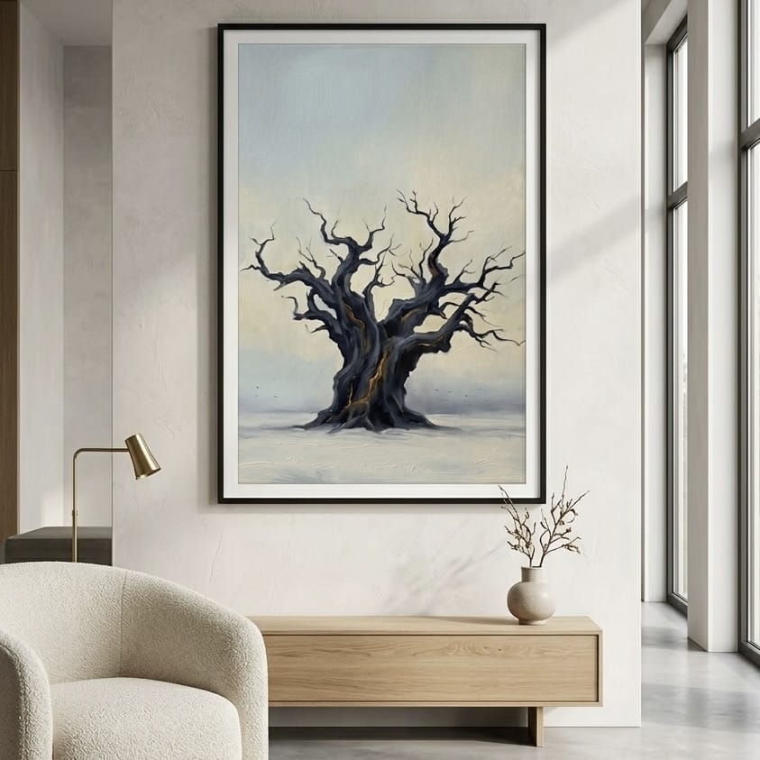Twisted Tree Canvas: Moody Landscape Art (Blue and Gold Tones)