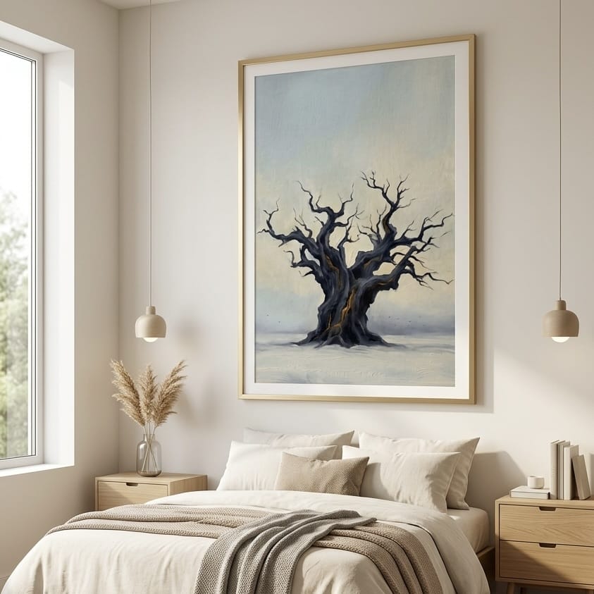 Twisted Tree Canvas: Moody Landscape Art (Blue and Gold Tones)
