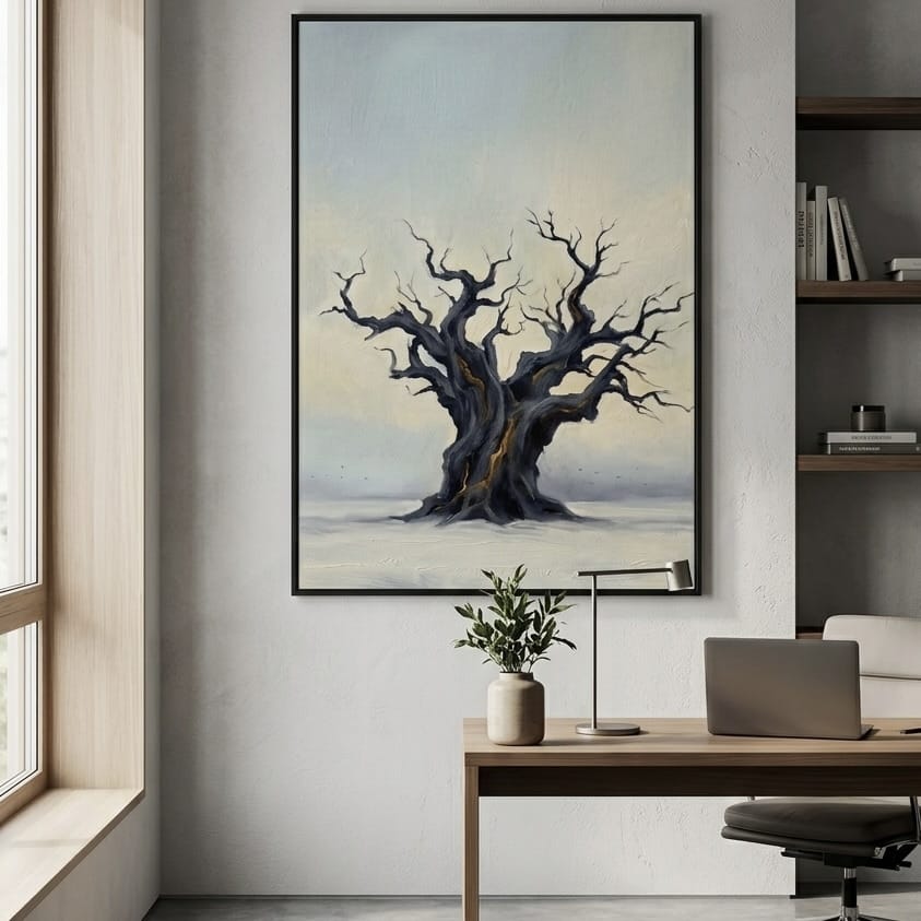 Twisted Tree Canvas: Moody Landscape Art (Blue and Gold Tones)