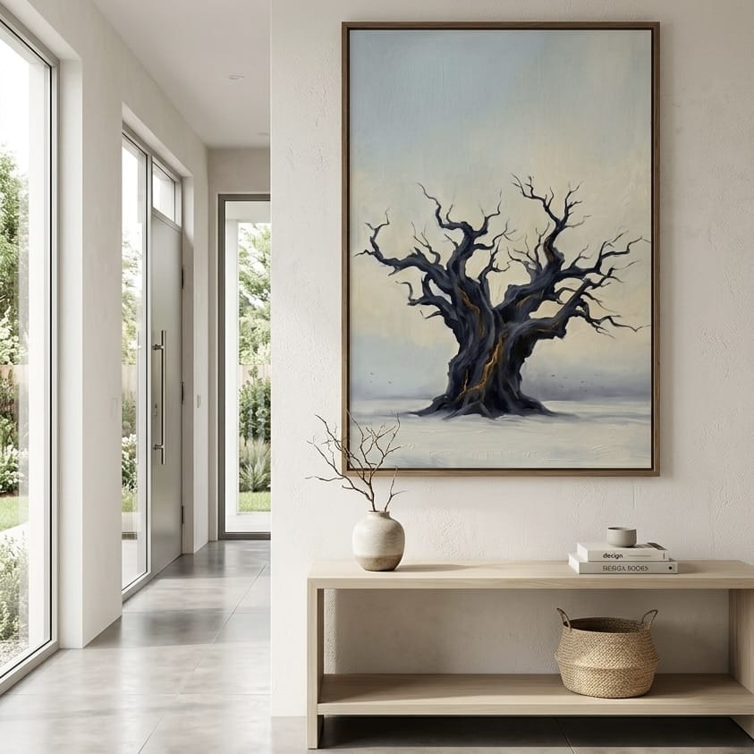 Twisted Tree Canvas: Moody Landscape Art (Blue and Gold Tones)