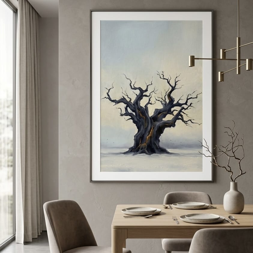 Twisted Tree Canvas: Moody Landscape Art (Blue and Gold Tones)