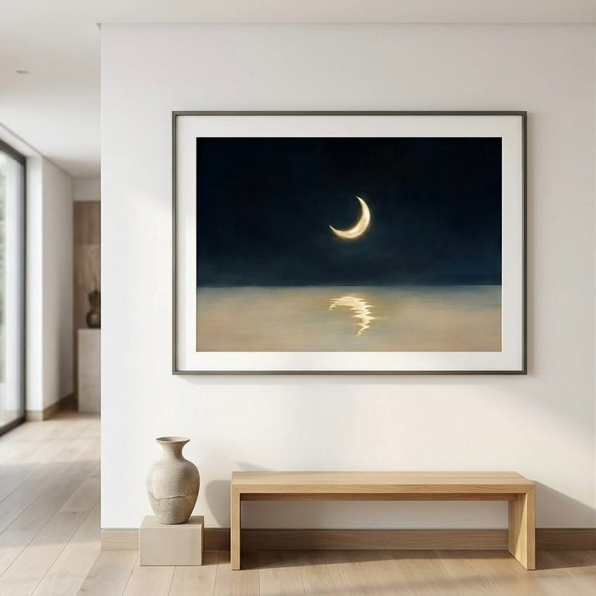 Moon Over Water Artwork: Moody Blue and Gold (Canvas Print)
