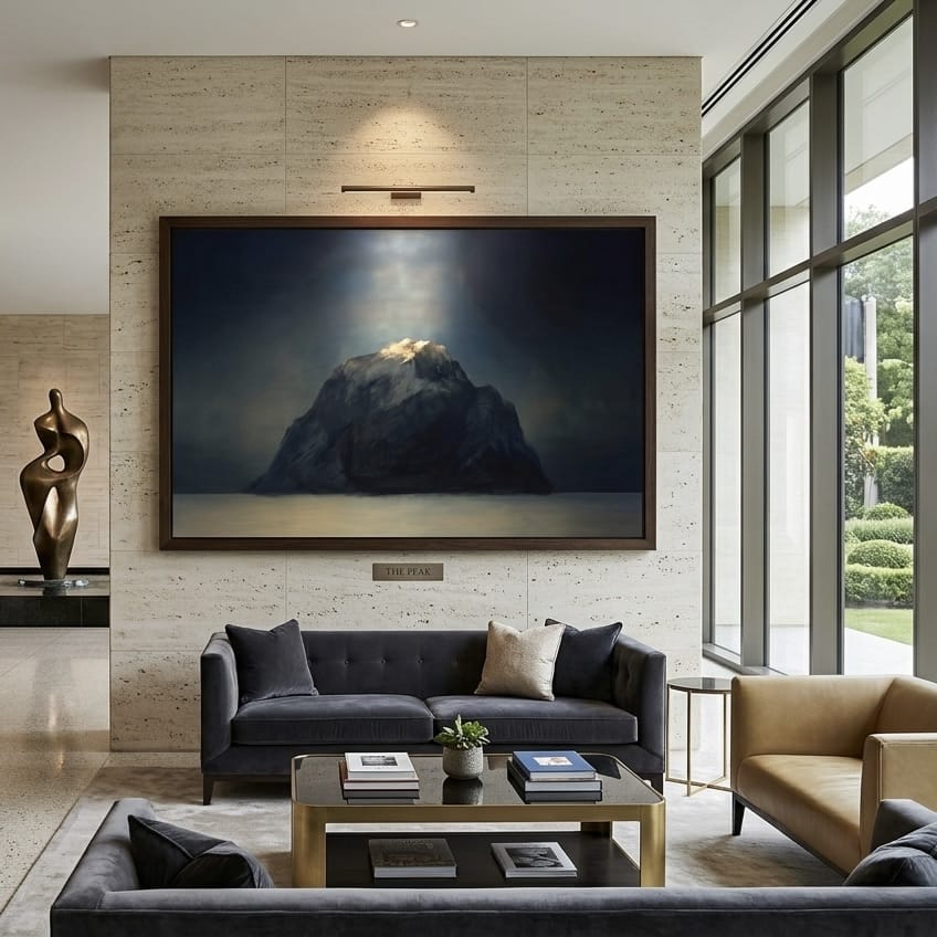 Mountain Wall Art Print: Moody Dark Blue and Gold - Abstract Landscape