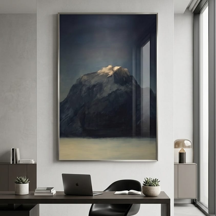 Mountain Wall Art Print: Moody Dark Blue and Gold - Abstract Landscape
