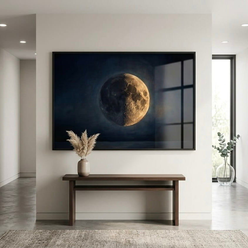 Moon Phase Canvas Print - Moody Indigo Blue with Warm Gold Accents