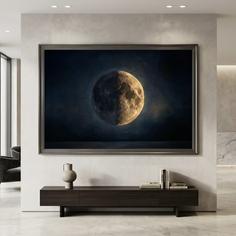 Moon Phase Canvas Print - Moody Indigo Blue with Warm Gold Accents