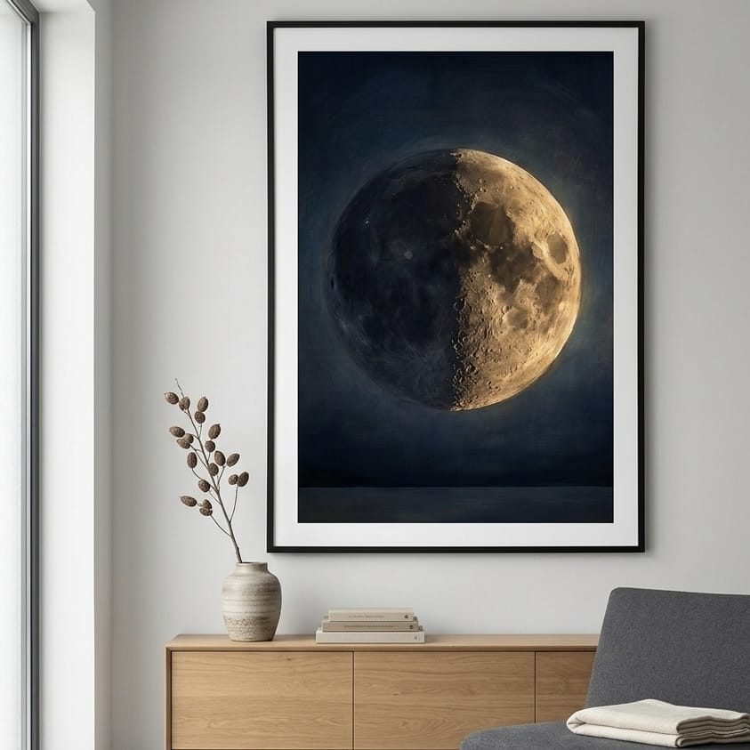 Moon Phase Canvas Print - Moody Indigo Blue with Warm Gold Accents