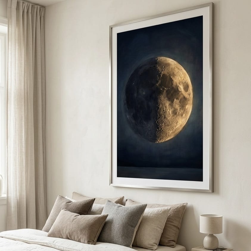 Moon Phase Canvas Print - Moody Indigo Blue with Warm Gold Accents