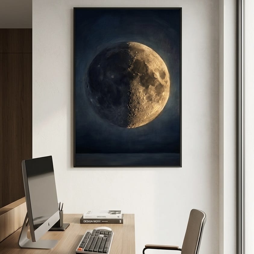 Moon Phase Canvas Print - Moody Indigo Blue with Warm Gold Accents