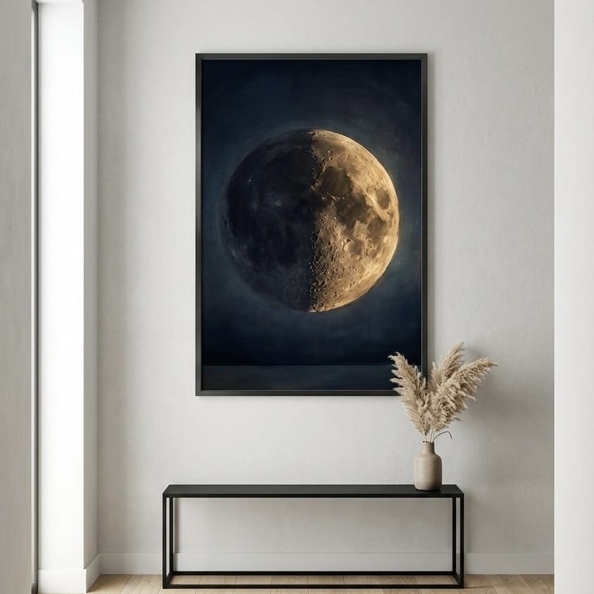 Moon Phase Canvas Print - Moody Indigo Blue with Warm Gold Accents