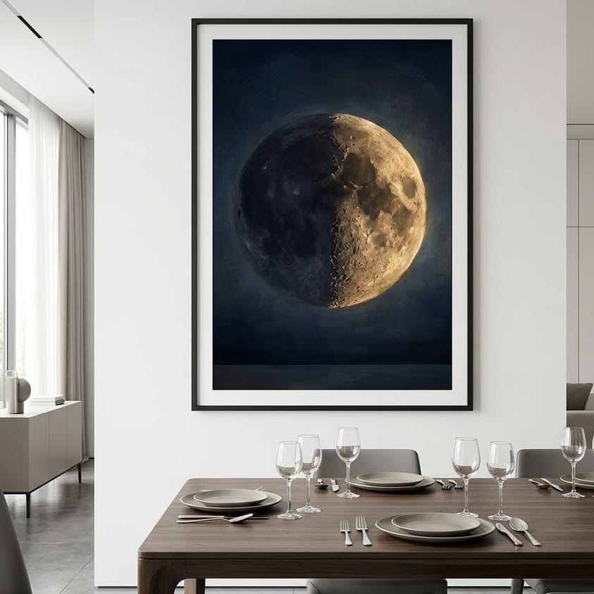 Moon Phase Canvas Print - Moody Indigo Blue with Warm Gold Accents