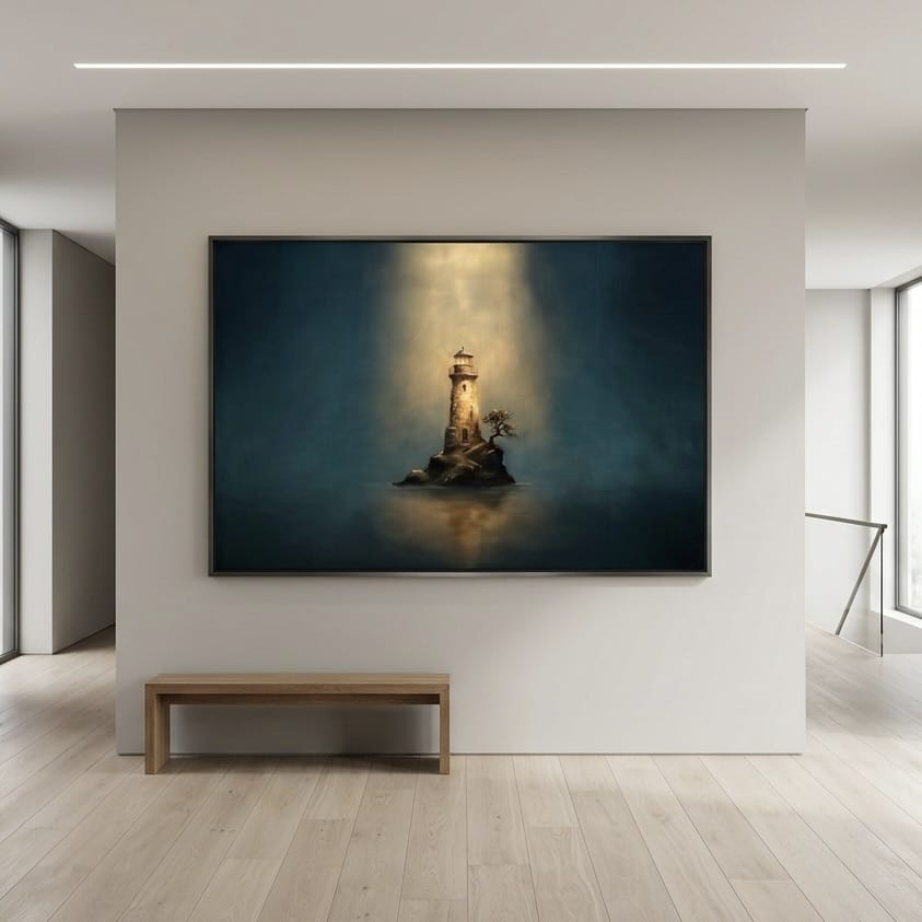 Nautical Lighthouse Painting, Moody Blue and Gold