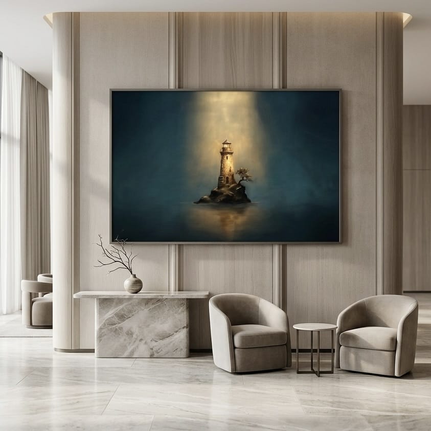 Nautical Lighthouse Painting, Moody Blue and Gold