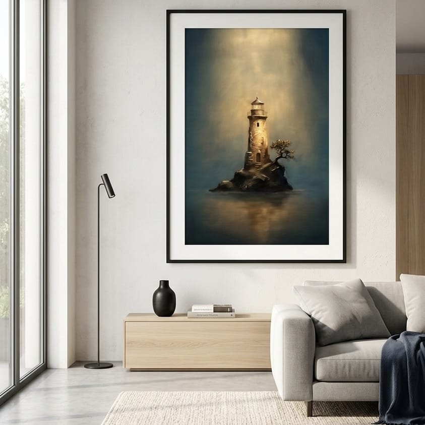 Nautical Lighthouse Painting, Moody Blue and Gold