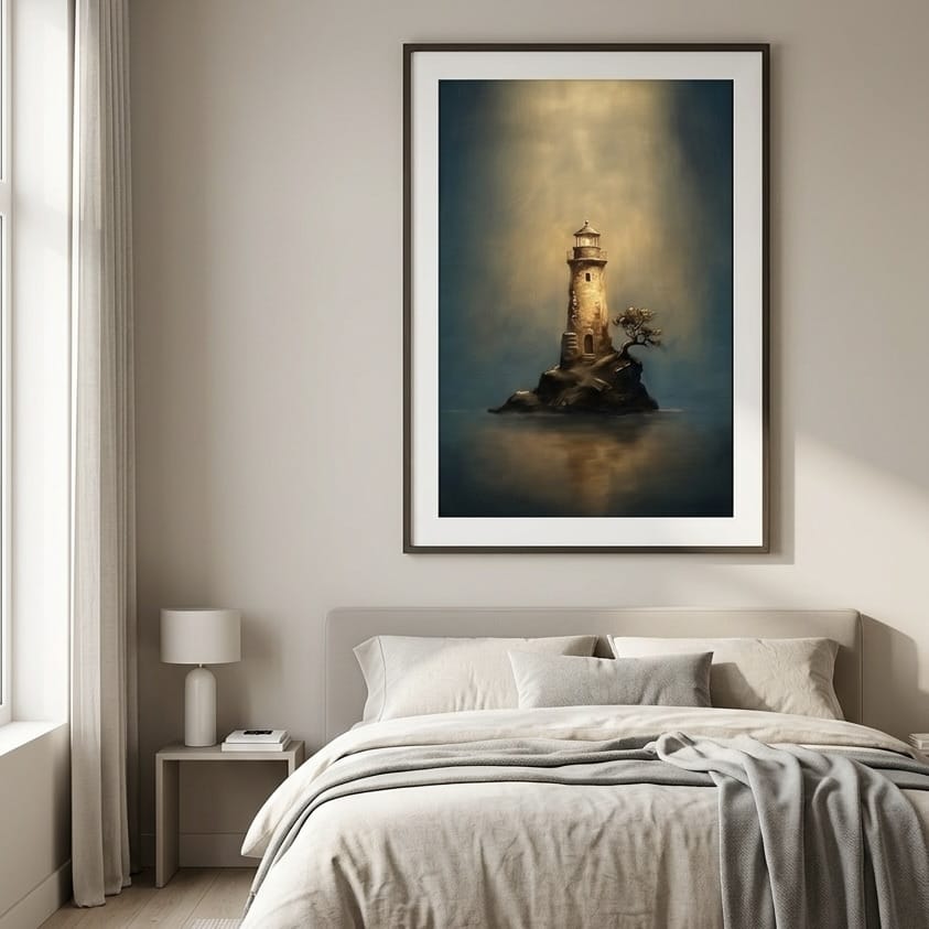 Nautical Lighthouse Painting, Moody Blue and Gold