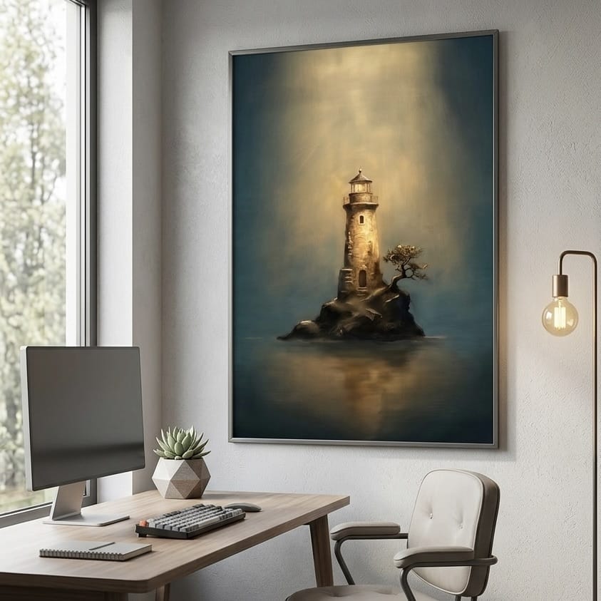 Nautical Lighthouse Painting, Moody Blue and Gold
