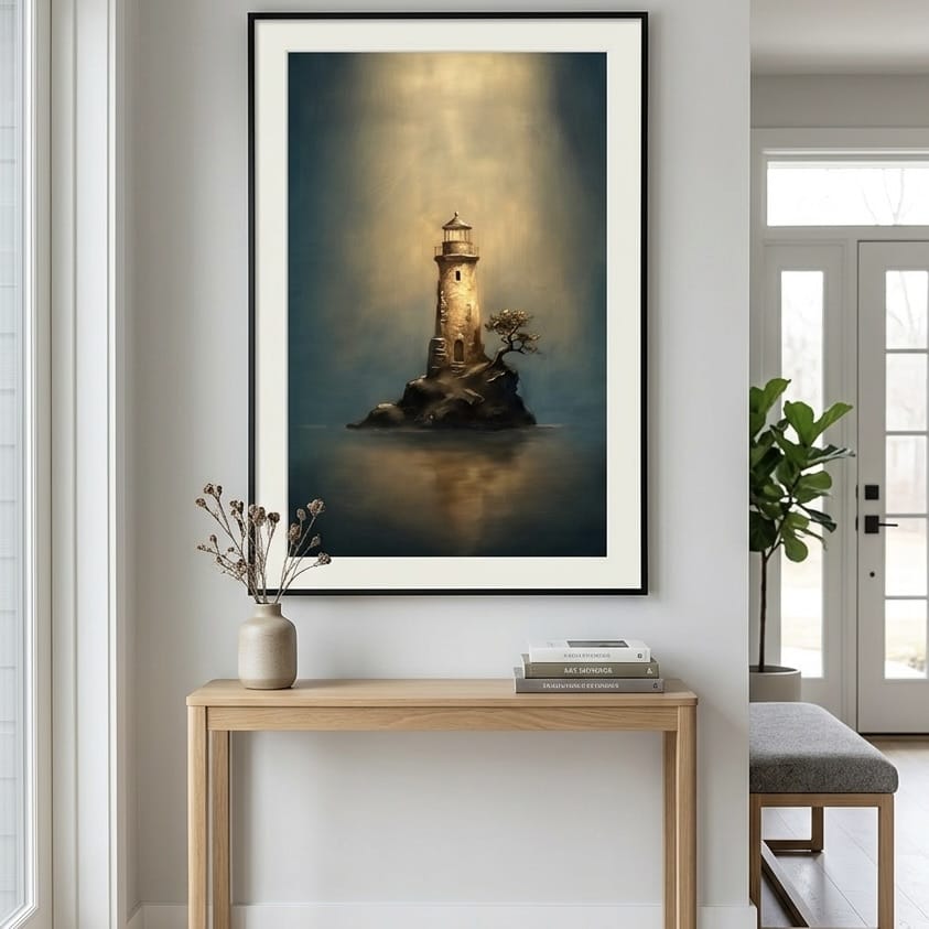 Nautical Lighthouse Painting, Moody Blue and Gold
