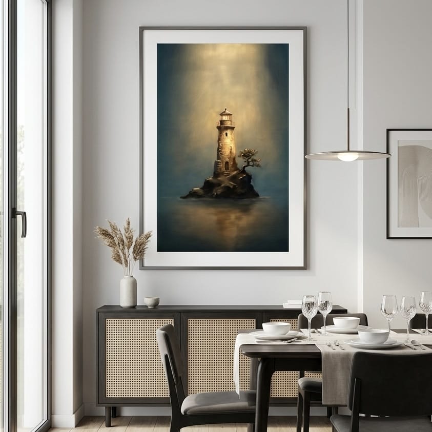 Nautical Lighthouse Painting, Moody Blue and Gold