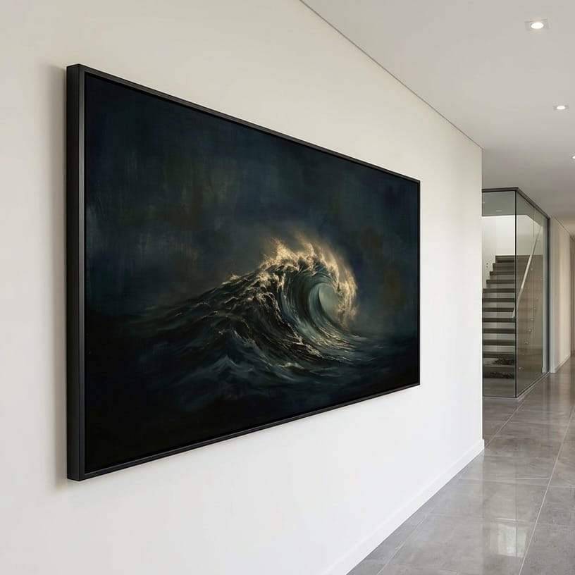 Dramatic Seascape Painting - Moody Teal and Gold Ocean Wave