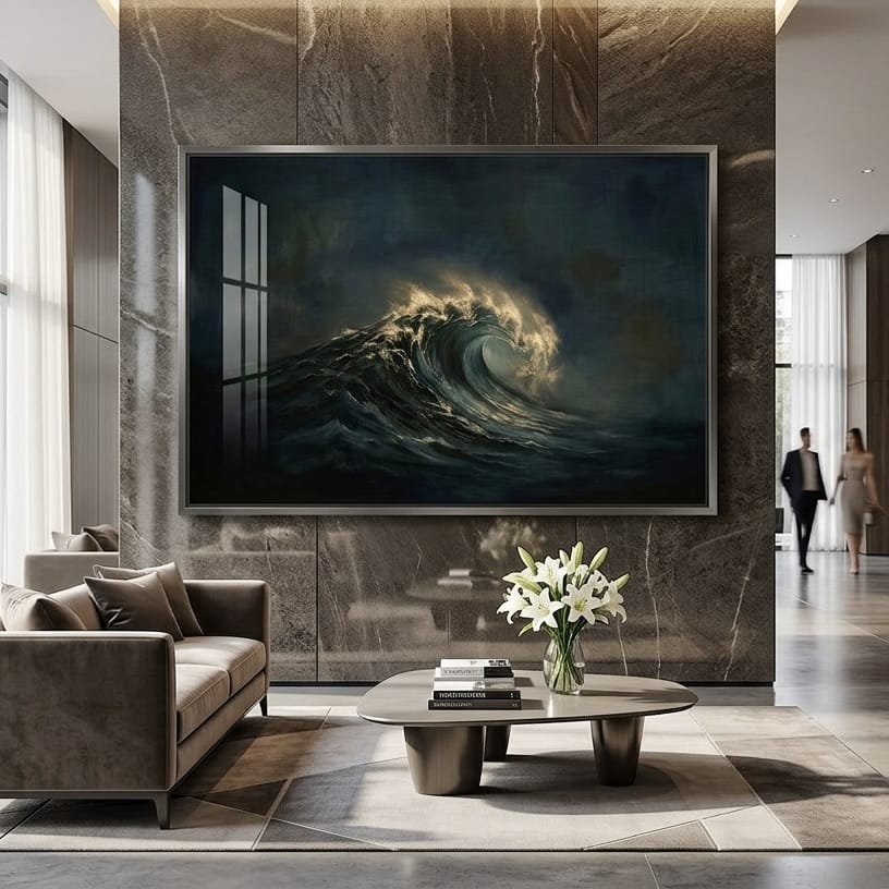 Dramatic Seascape Painting - Moody Teal and Gold Ocean Wave
