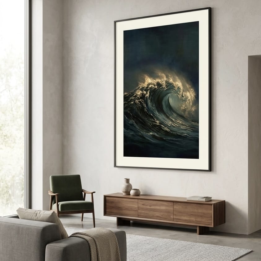 Dramatic Seascape Painting - Moody Teal and Gold Ocean Wave