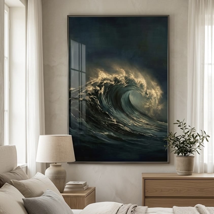 Dramatic Seascape Painting - Moody Teal and Gold Ocean Wave
