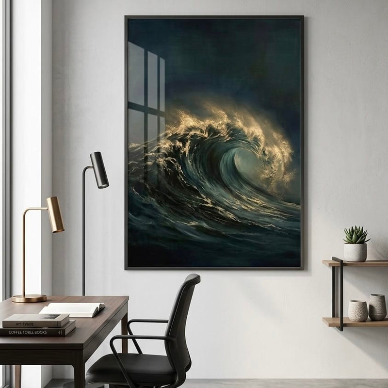 Dramatic Seascape Painting - Moody Teal and Gold Ocean Wave