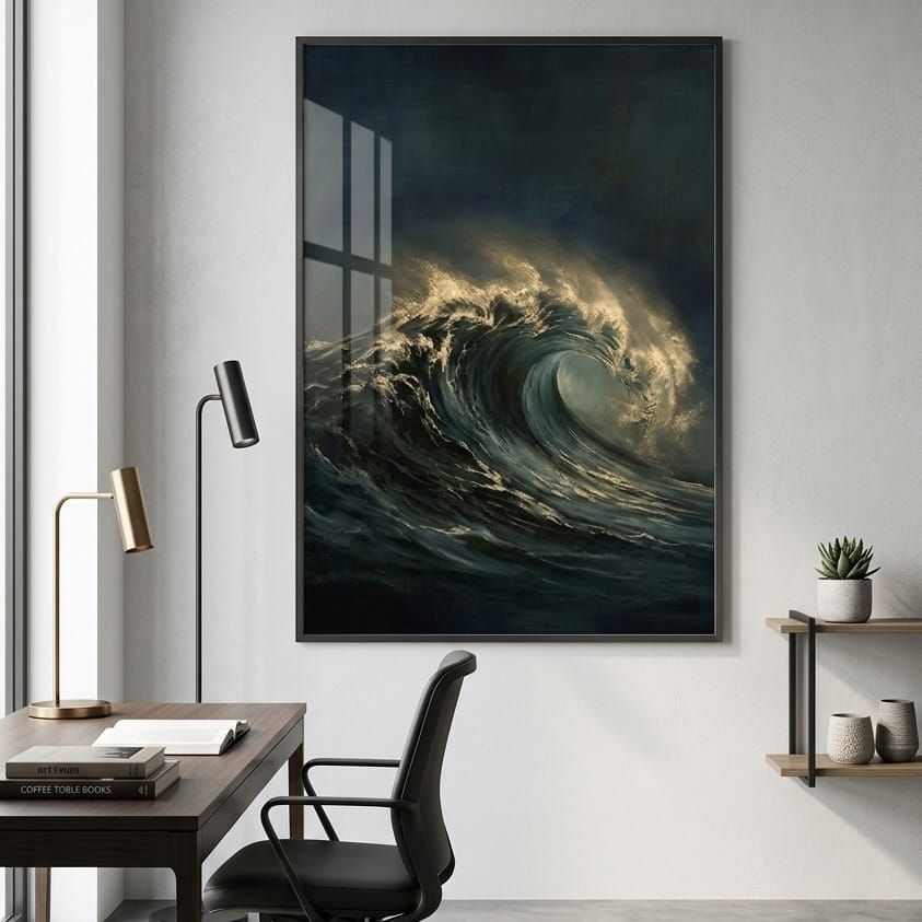 Dramatic Seascape Painting - Moody Teal and Gold Ocean Wave