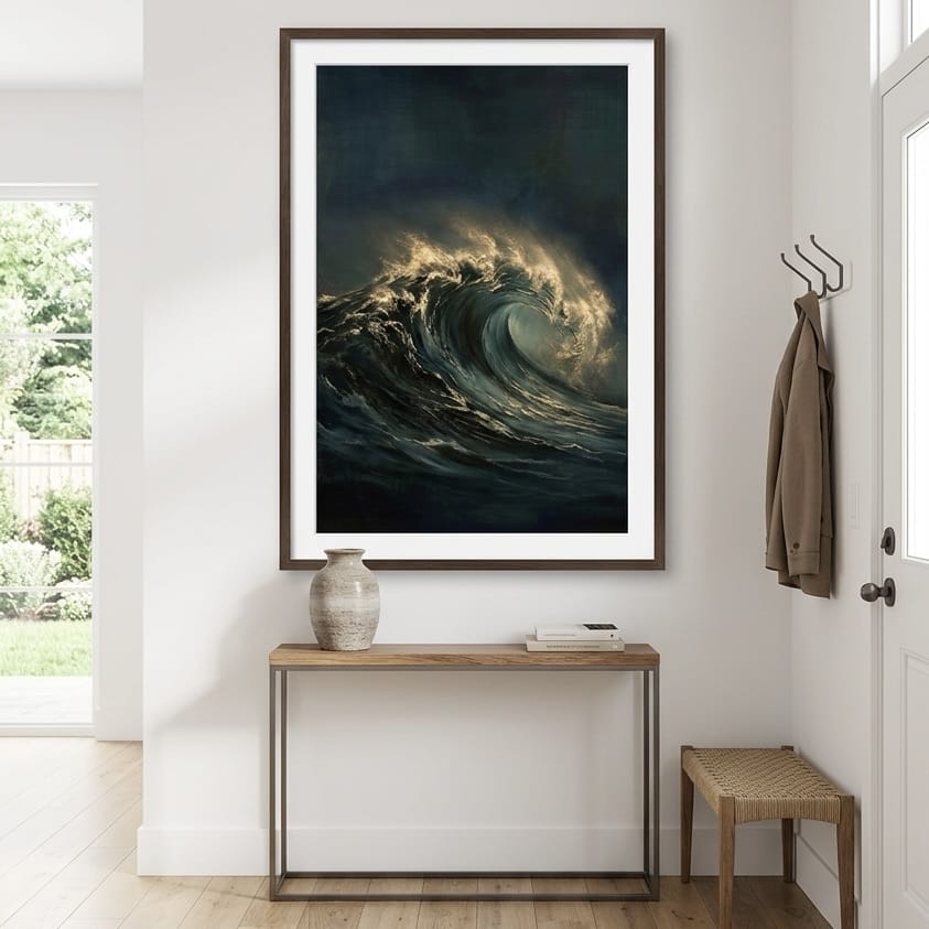 Dramatic Seascape Painting - Moody Teal and Gold Ocean Wave