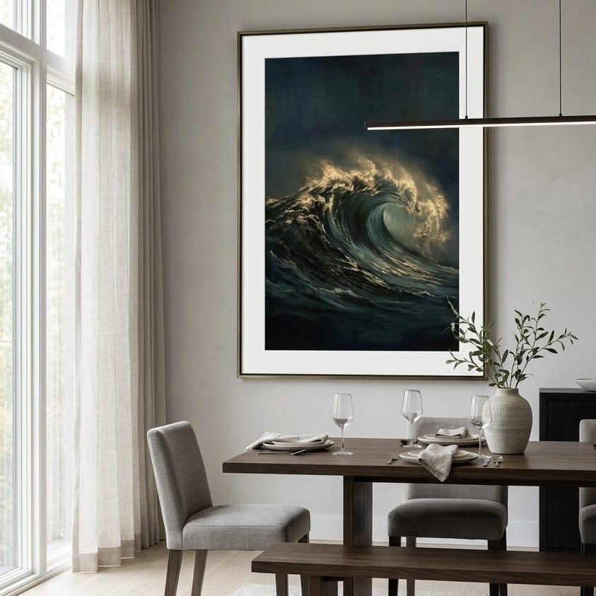 Dramatic Seascape Painting - Moody Teal and Gold Ocean Wave