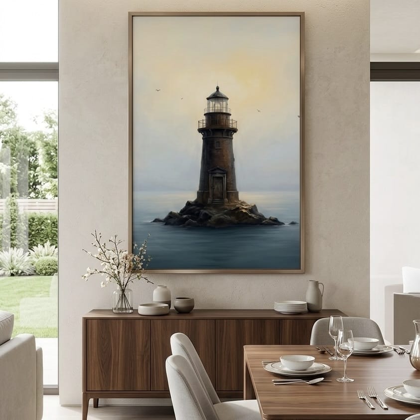 Atmospheric Lighthouse Wall Art - Moody Coastal Nautical Decor